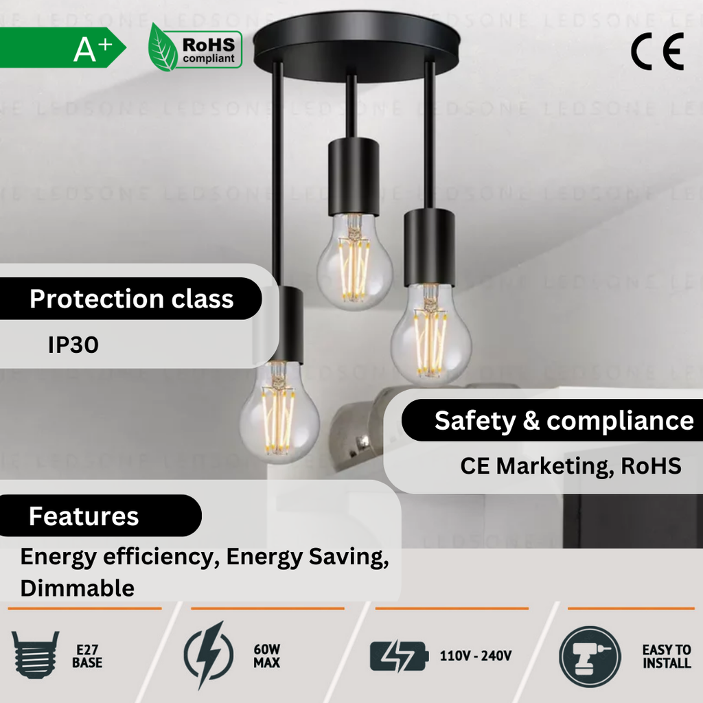 Modern 3 Way Metal E27 Black Flush mount Ceiling light fixtures-5621
