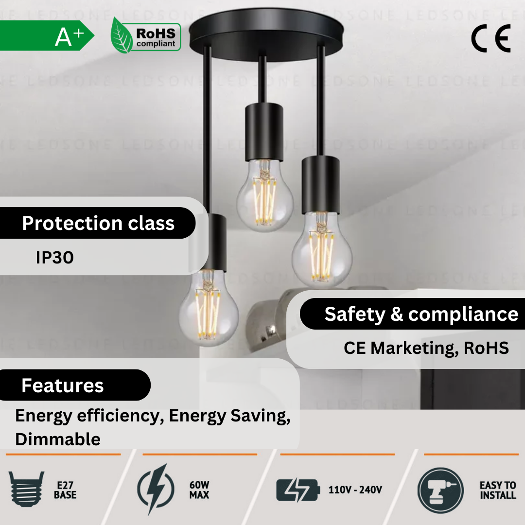 Modern 3 Way Metal E27 Black Flush mount Ceiling light fixtures-5621