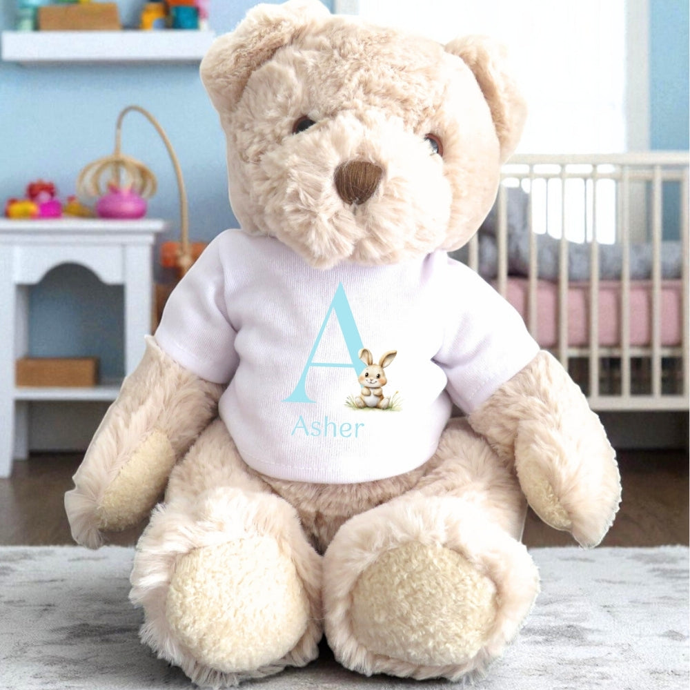 Personalised Blue Initial Bunny Gift Hamper - Teddy & Baby Vest-1