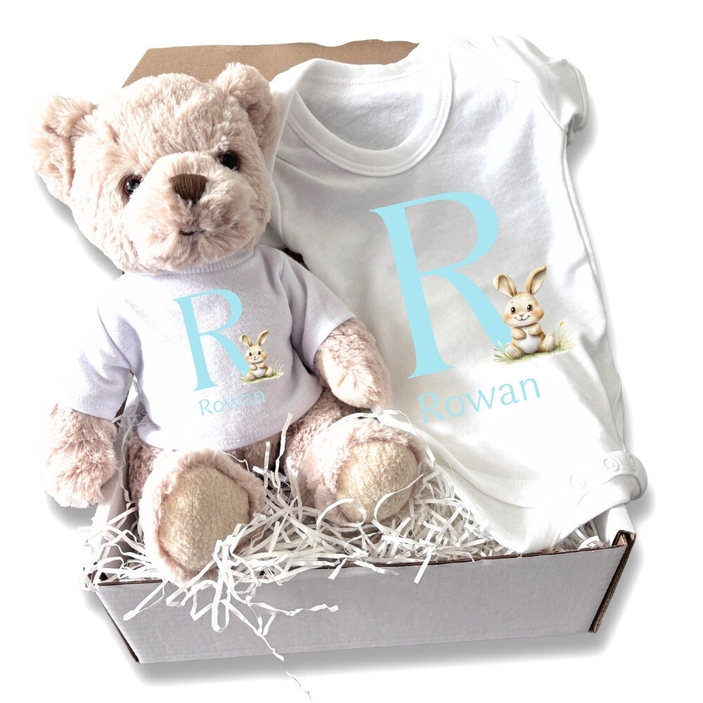 Personalised Blue Initial Bunny Gift Hamper - Teddy & Baby Vest-0