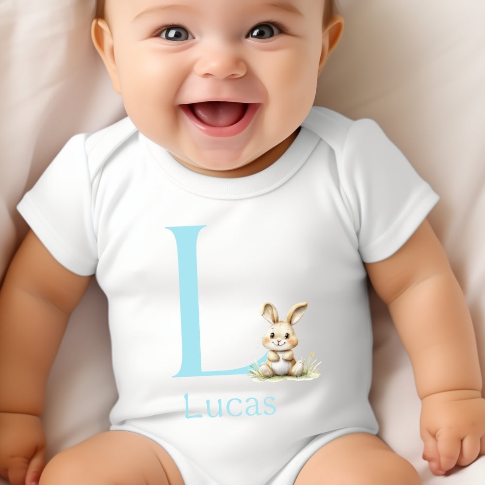 Personalised Blue Initial Bunny Gift Hamper - Teddy & Baby Vest-2