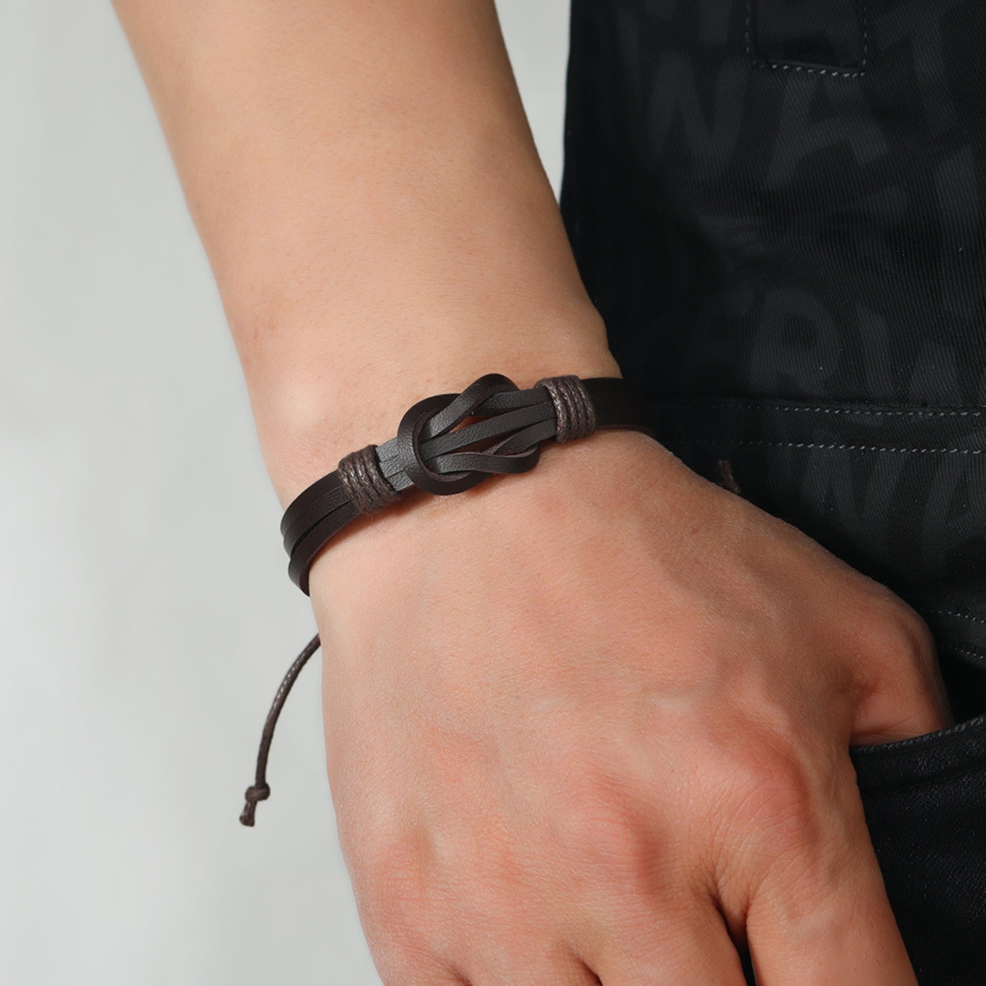 Black Leather Retro Knot Bracelet-0