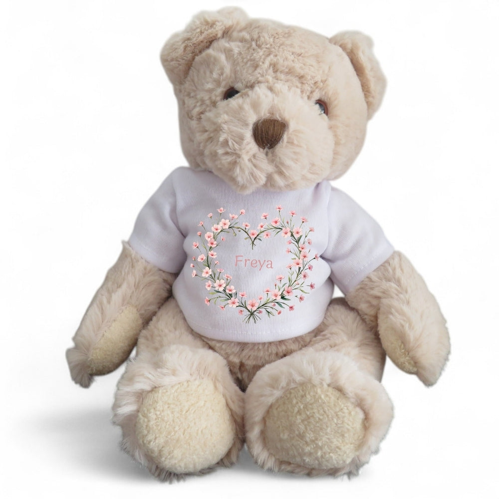 Personalised Luxury Teddy Bear | Pink Flower Heart T-Shirt-1
