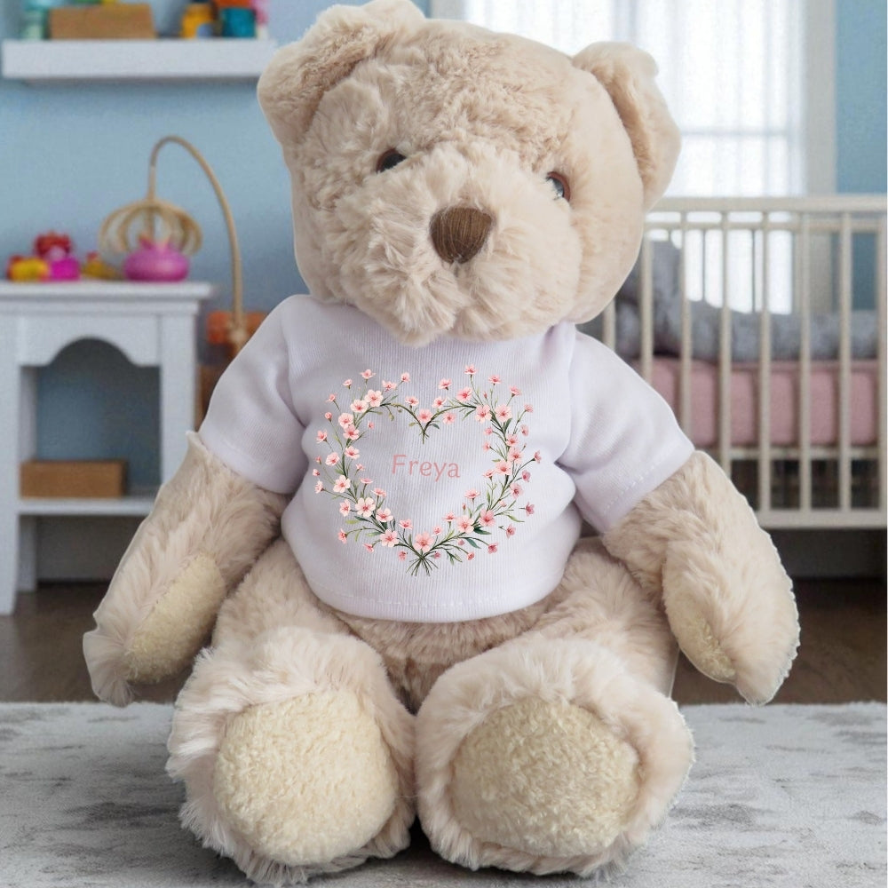 Personalised Luxury Teddy Bear | Pink Flower Heart T-Shirt-0