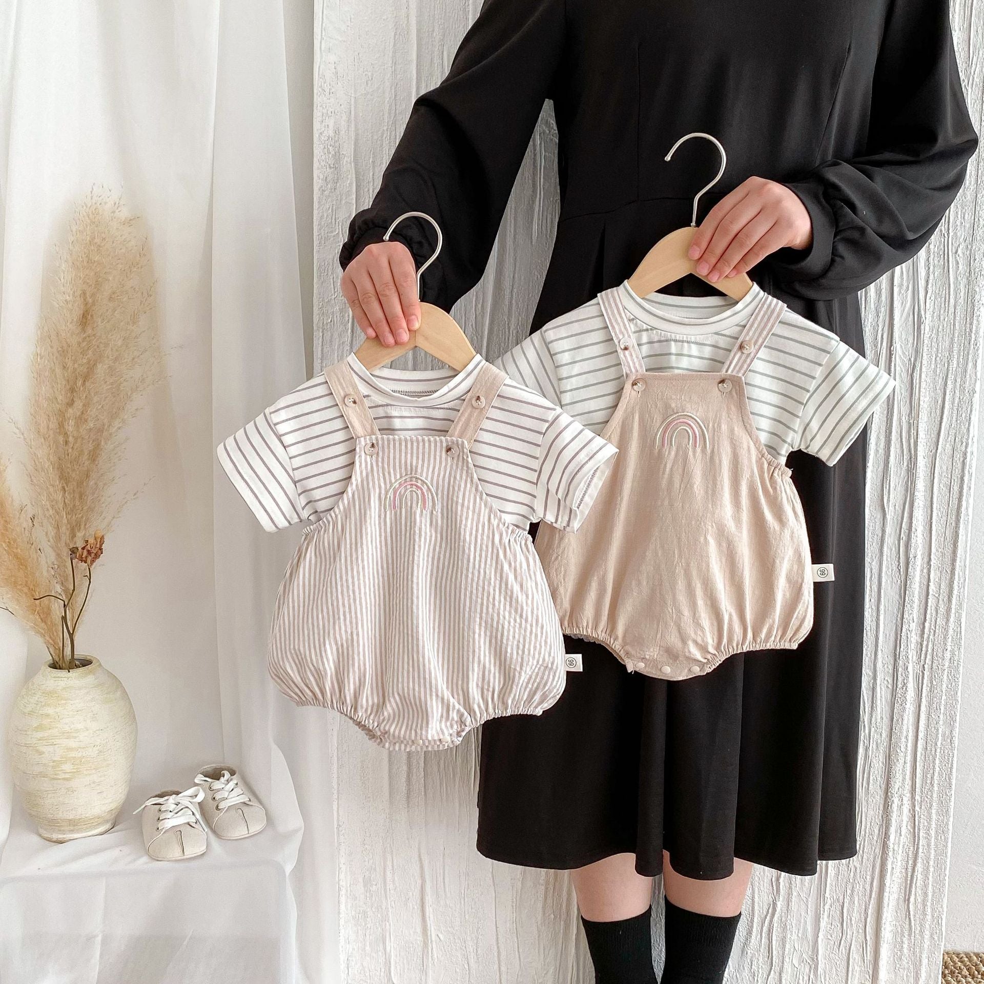 Summer Hot Selling Baby Kids Unisex Sleeveless Rainbow Embroidered Strap Overalls and Striped T-Shirt Clothing Set