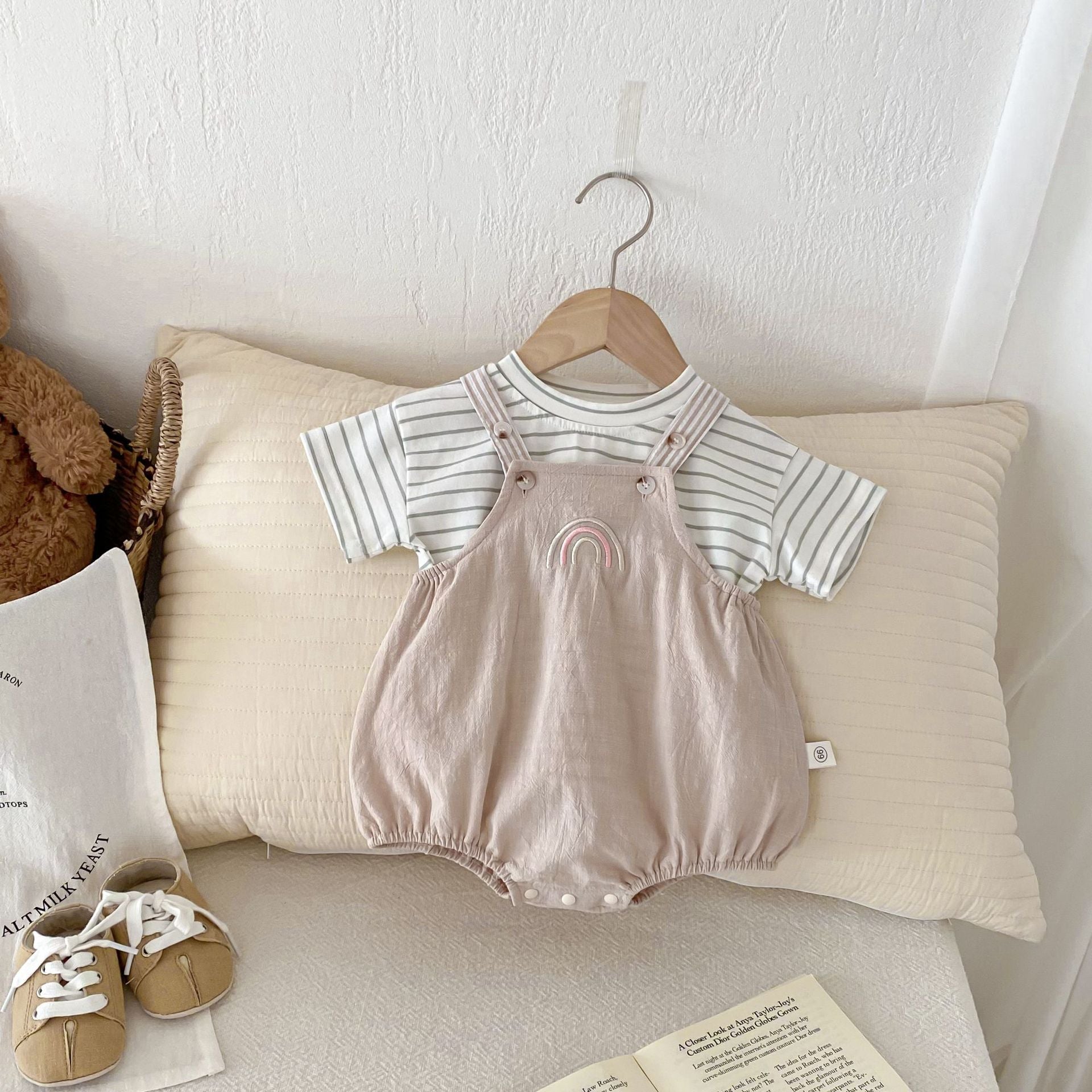 Summer Hot Selling Baby Kids Unisex Sleeveless Rainbow Embroidered Strap Overalls and Striped T-Shirt Clothing Set