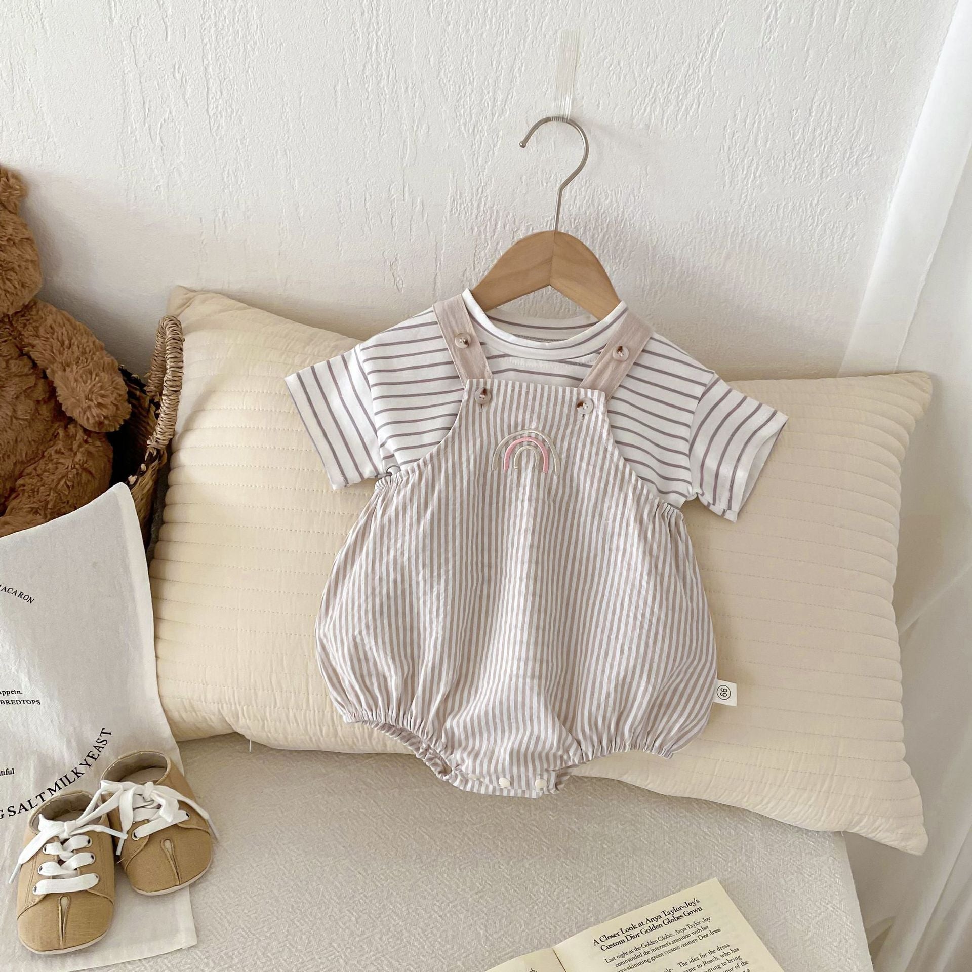 Summer Hot Selling Baby Kids Unisex Sleeveless Rainbow Embroidered Strap Overalls and Striped T-Shirt Clothing Set