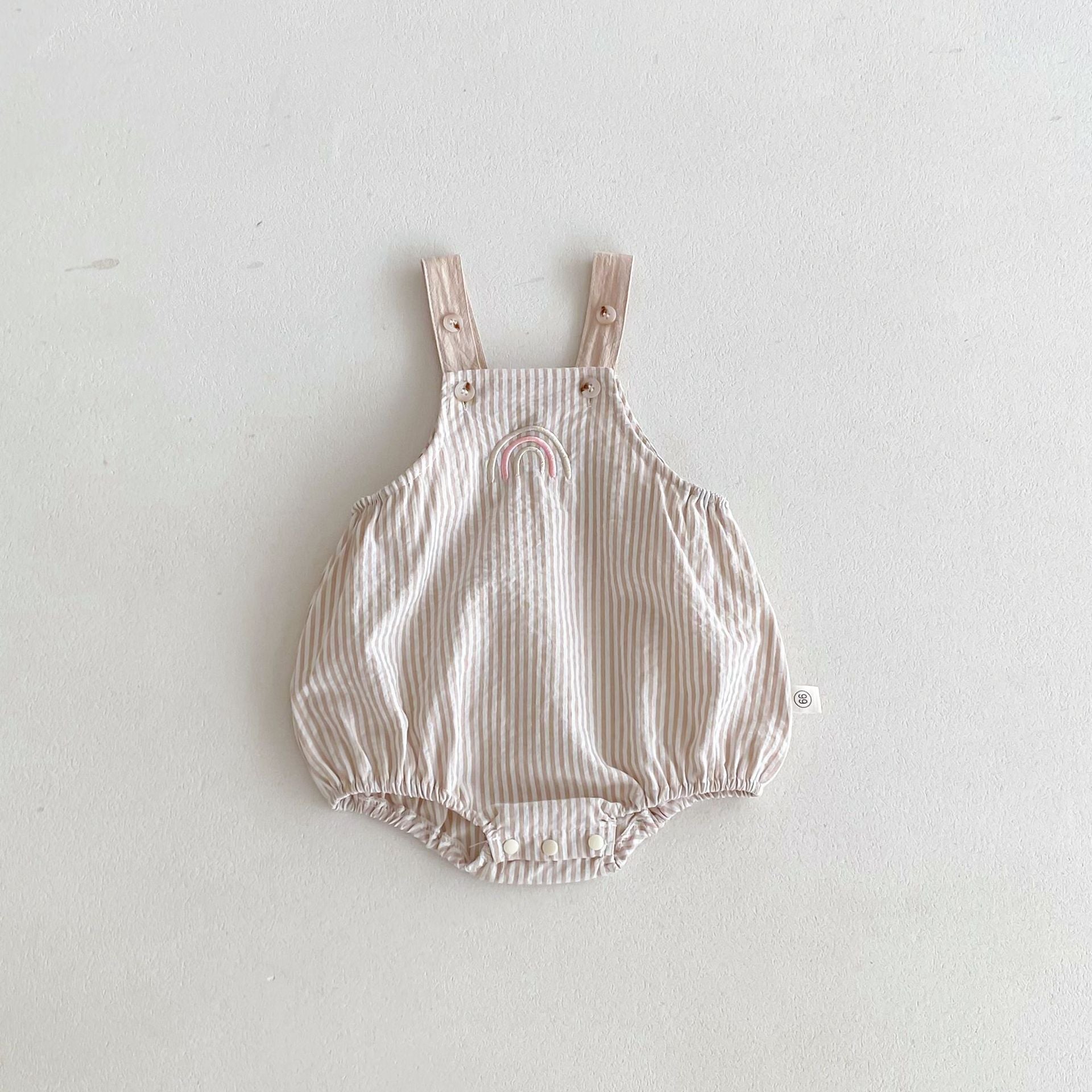 Summer Hot Selling Baby Kids Unisex Sleeveless Rainbow Embroidered Strap Overalls and Striped T-Shirt Clothing Set