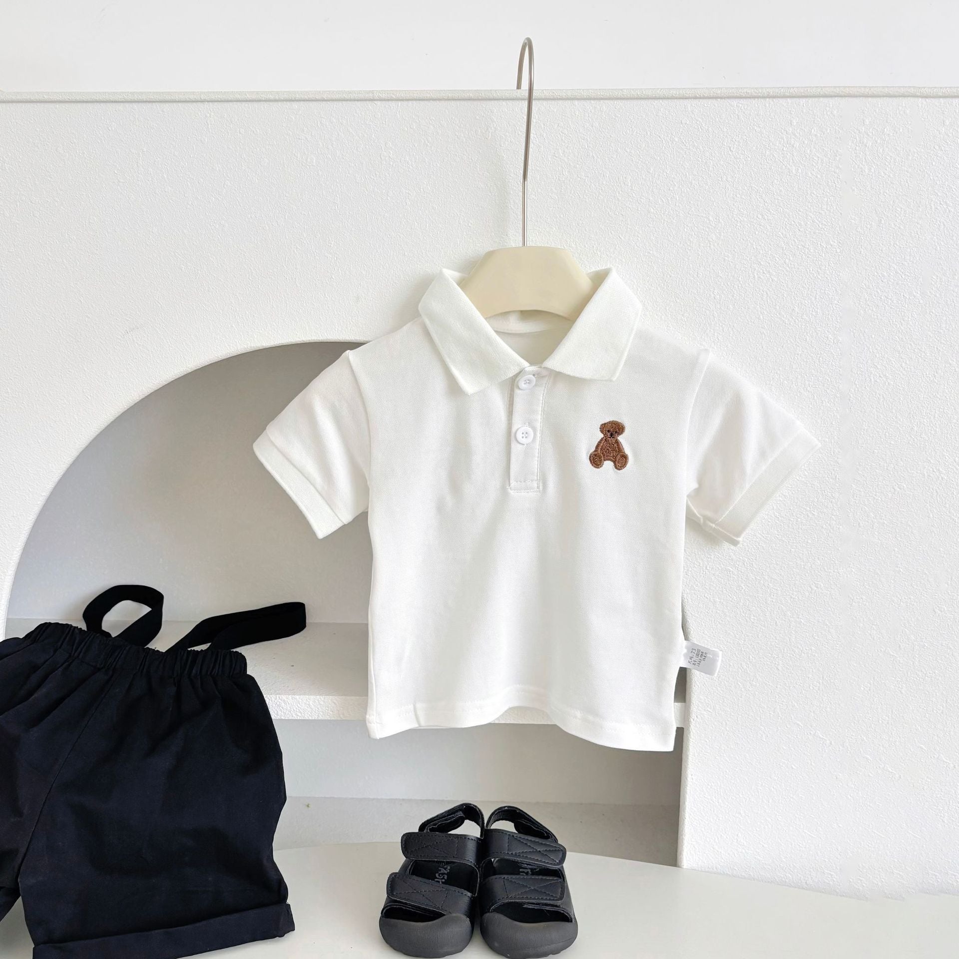Summer Hot Selling Baby Kids Boys Sleeveless Black Strap Overalls and White Polo Shirt Clothing Set