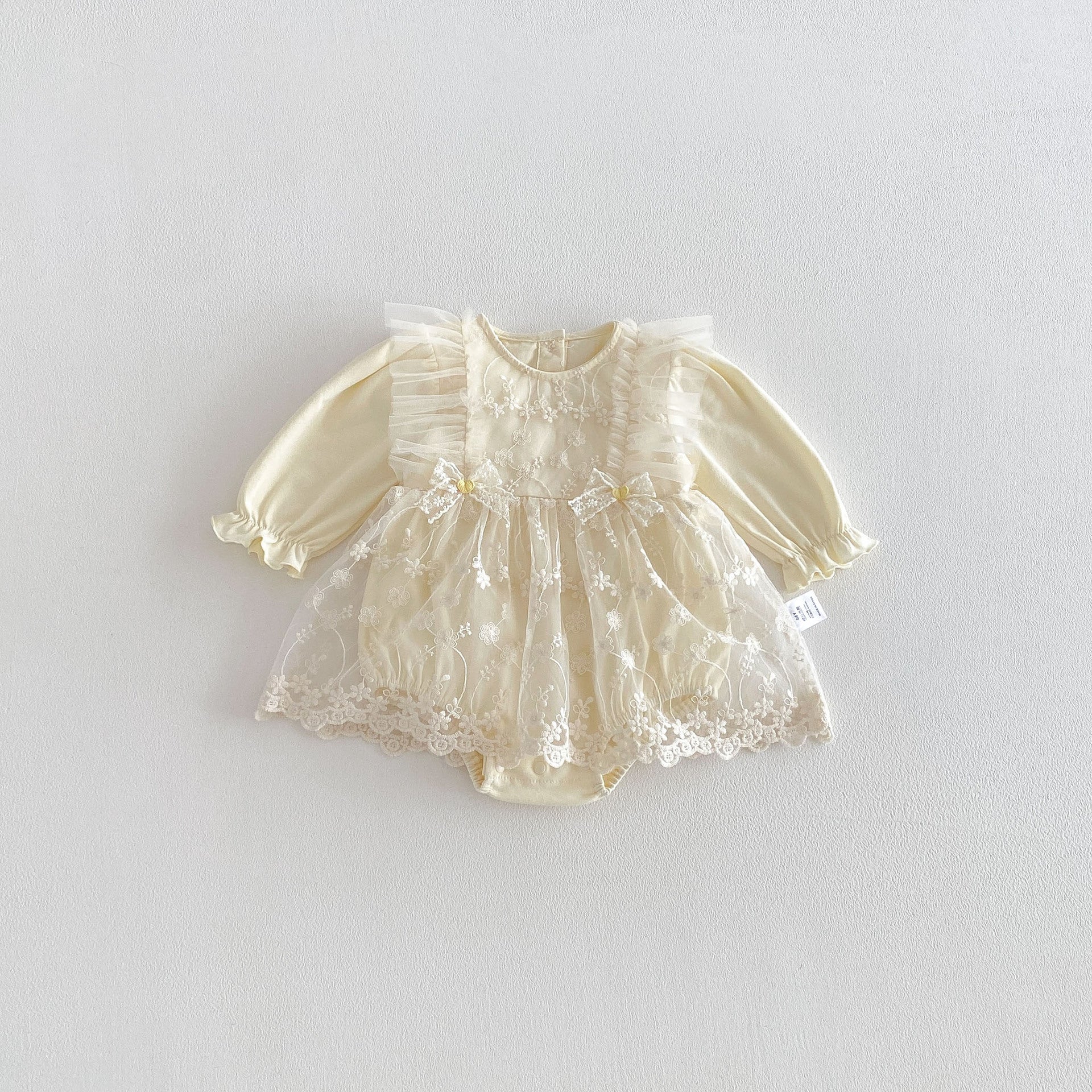 Spring Arrival Baby Girls Long Sleeves Flowers Pattern Tulle Decorated Bodysuit Dress