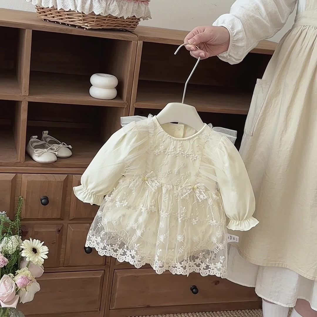 Spring Arrival Baby Girls Long Sleeves Flowers Pattern Tulle Decorated Bodysuit Dress
