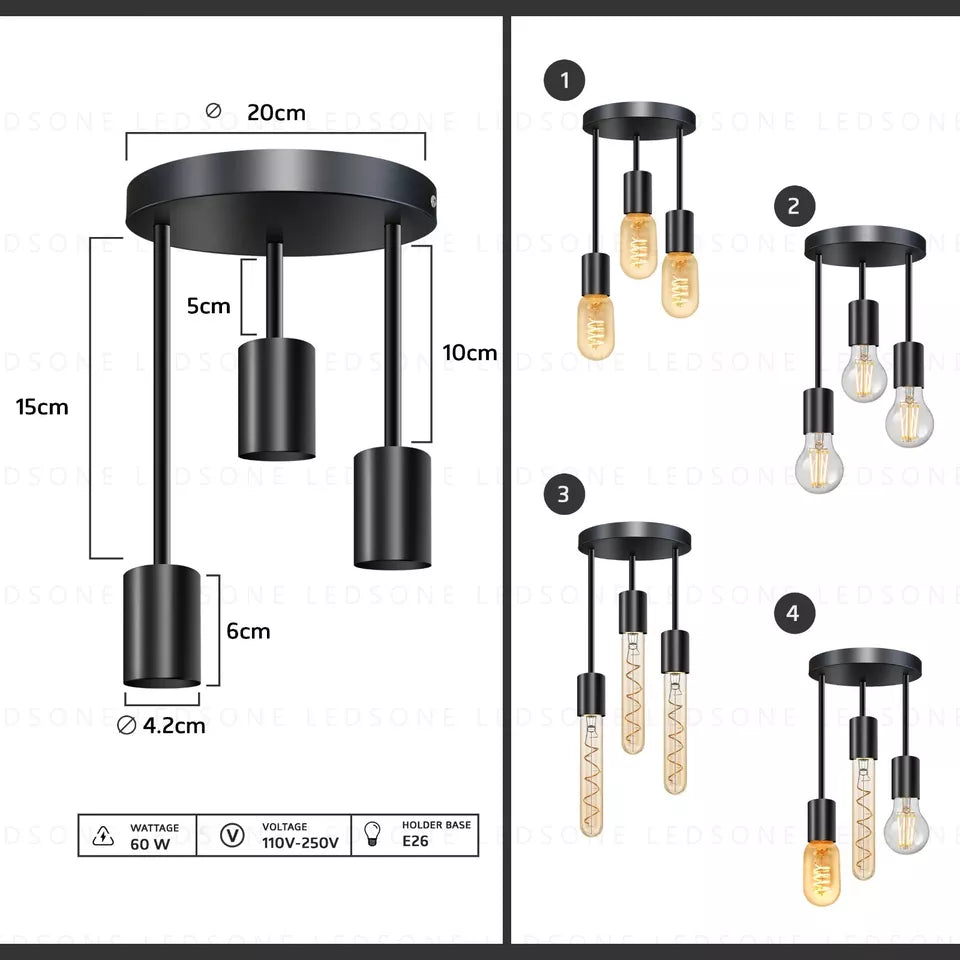 Modern 3 Way Metal E27 Black Flush mount Ceiling light fixtures-5621